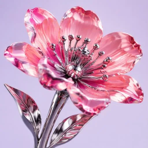 AI-generated translucent pink flower with chrome leaves