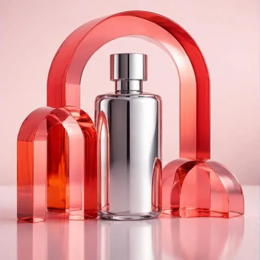 AI-generated silver bottle framed by coral glass arches