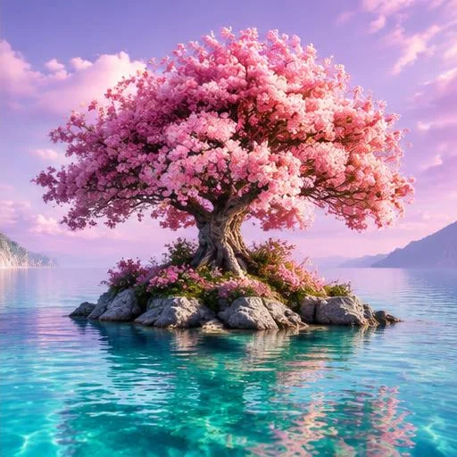 AI-generated flowering island in turquoise water