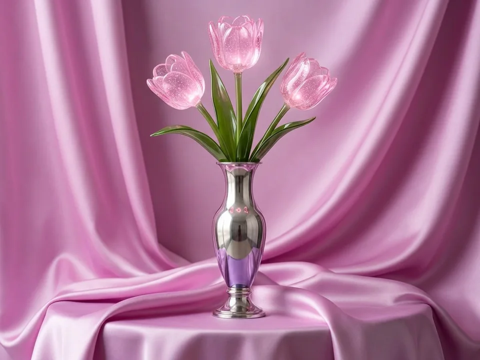 After: tulips transformed into sparkling pink glass against silk folds