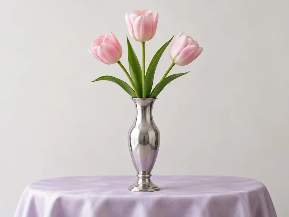 Before: pale pink tulips in a silver vase
